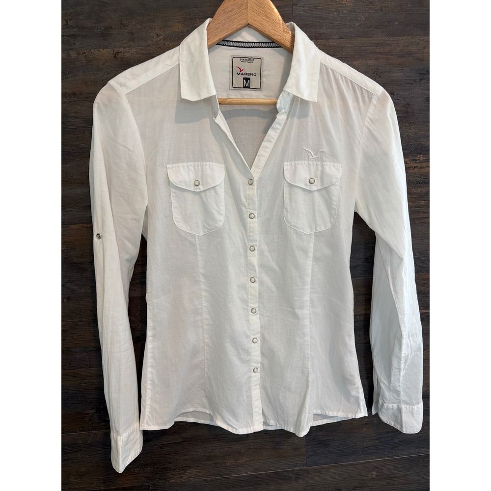 Mareno Womens White Cotton Button Down Roll Tab Sleeve Utility Shirt Size M